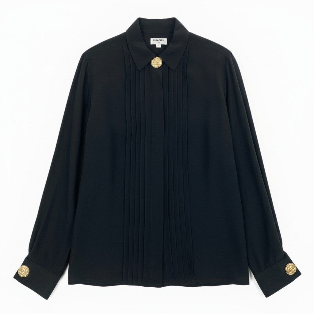 Cb15 Vintage CHANEL シャネル ココマークボタン ドレスシャツ 長袖ブラウス トップス ブラック レディースta1