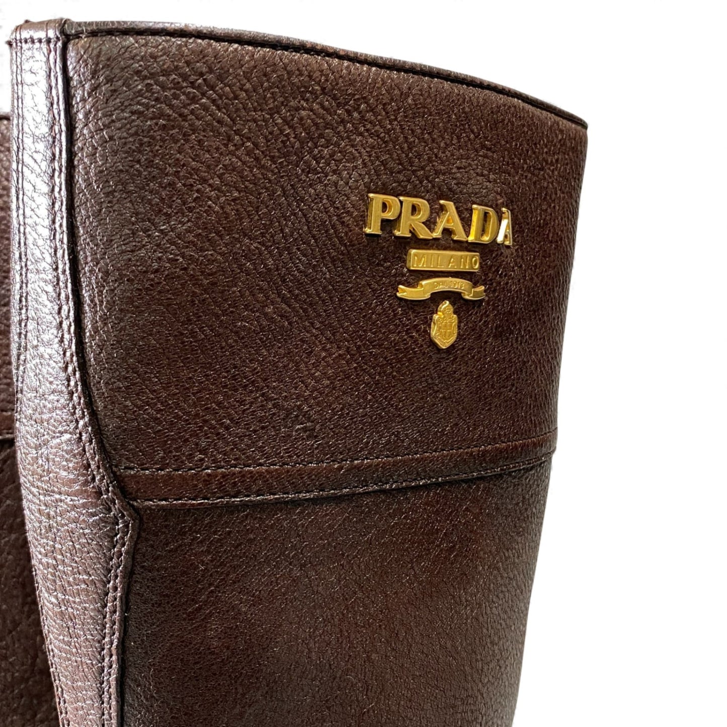 1L11 PRADA プラダ ロゴ入り ゴールド金具 チャンキーヒール サイドジップ ブーツ サイズ35 ブラウン レザー レディース 女性用 靴k02i