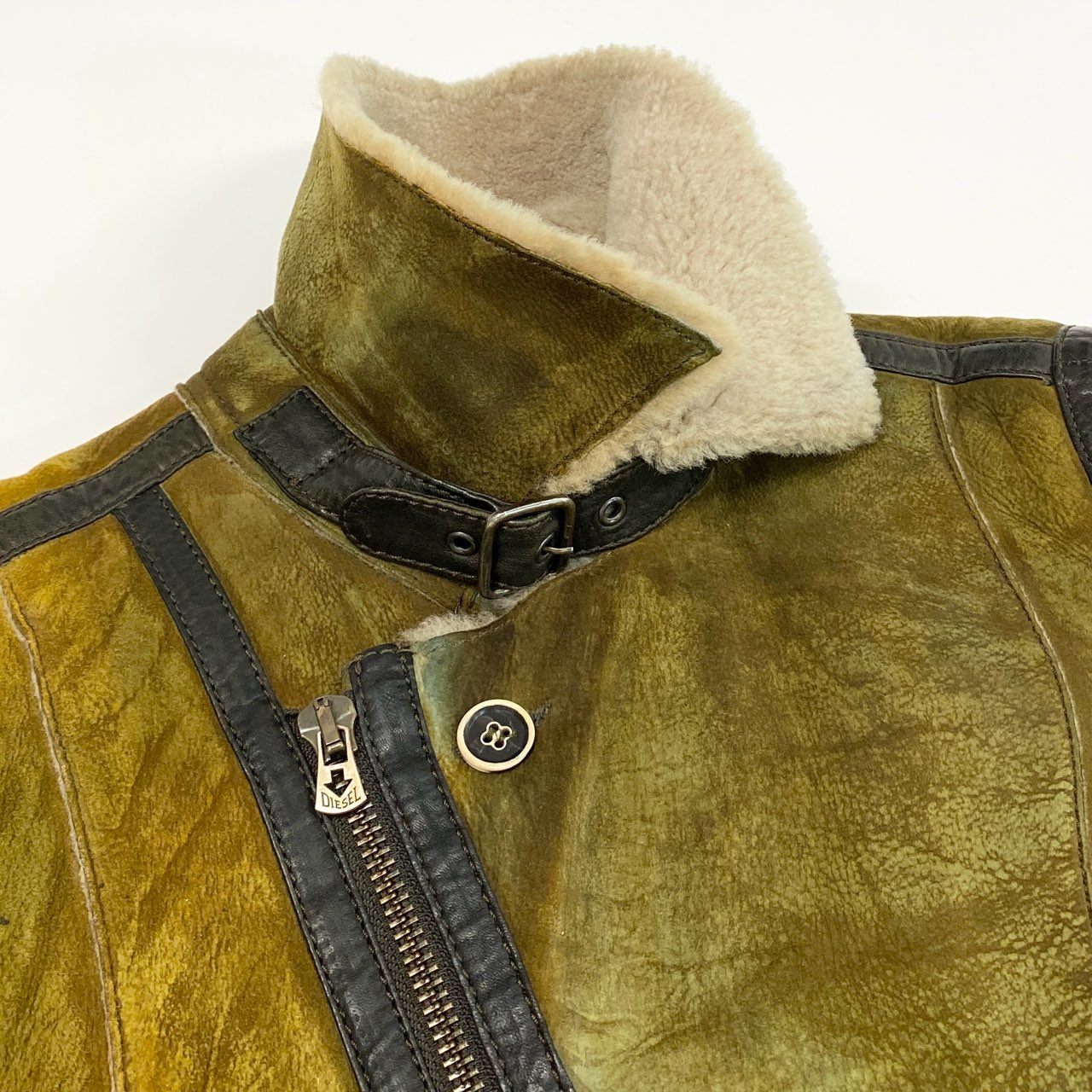 67k7 DIESEL ディーゼル ムートンジャケット ライダースジャケット ヴィンテージ加工 ラムレザー 羊革 Sサイズ イエローブラウン メンズu02t