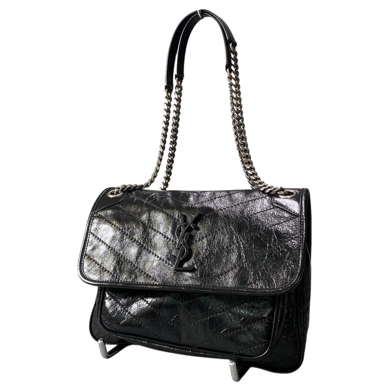 YVES SAINT LAURENT イヴサンローラン YSL Niki ニキ チェーンショルダー 2way バッグ ブラック シルバー レザー レディースta1
