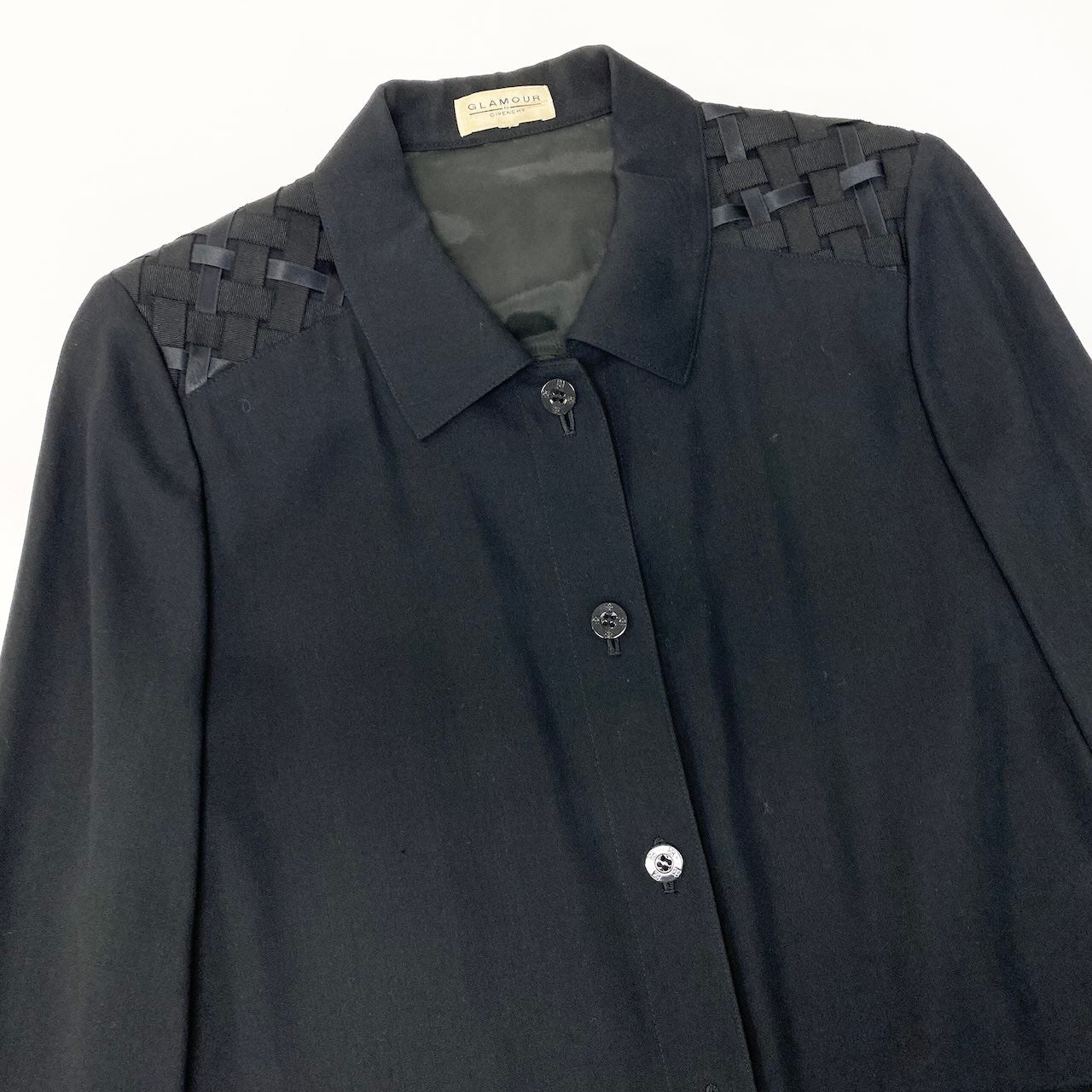 84c27 GLAMOUR by GIVENCHY ジバンシィ ロングシャツ チュニック丈 ウールブレンド ロングスリーブシャツ 薄手 レディース 女性服 サイズ44 ブラックu02t