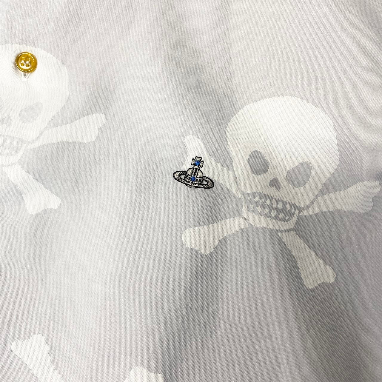 22e7 VivienneWestWood MAN ヴィヴィアンウエストウッドマン ロゴ刺繡 総柄シャツ ドクロ ロングスリーブシャツ サイズ50 ライトグレー コットン100％ メンズ 紳士服u02t