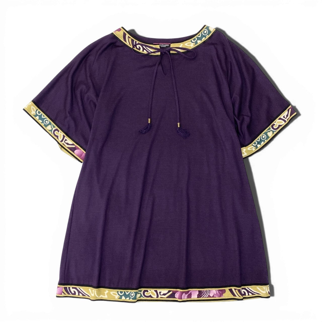 76a28 LEONARD FASHION レオナール オーバーサイズ ワンピース 半袖 カットソーワンピース 身幅ゆったり〇  レディース 女性用 Lサイズ パープル ウール シルクu02t