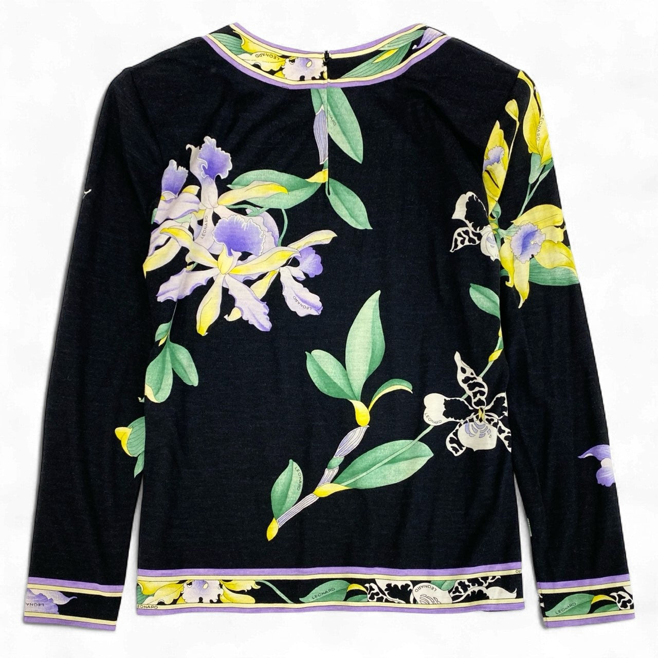 76k21 LEONARD FASHION レオナール ロングスリーブ カットソー クルーネックTシャツ 美しい花柄プリント レディース 女性用 M ブラック ウールシルクu02t