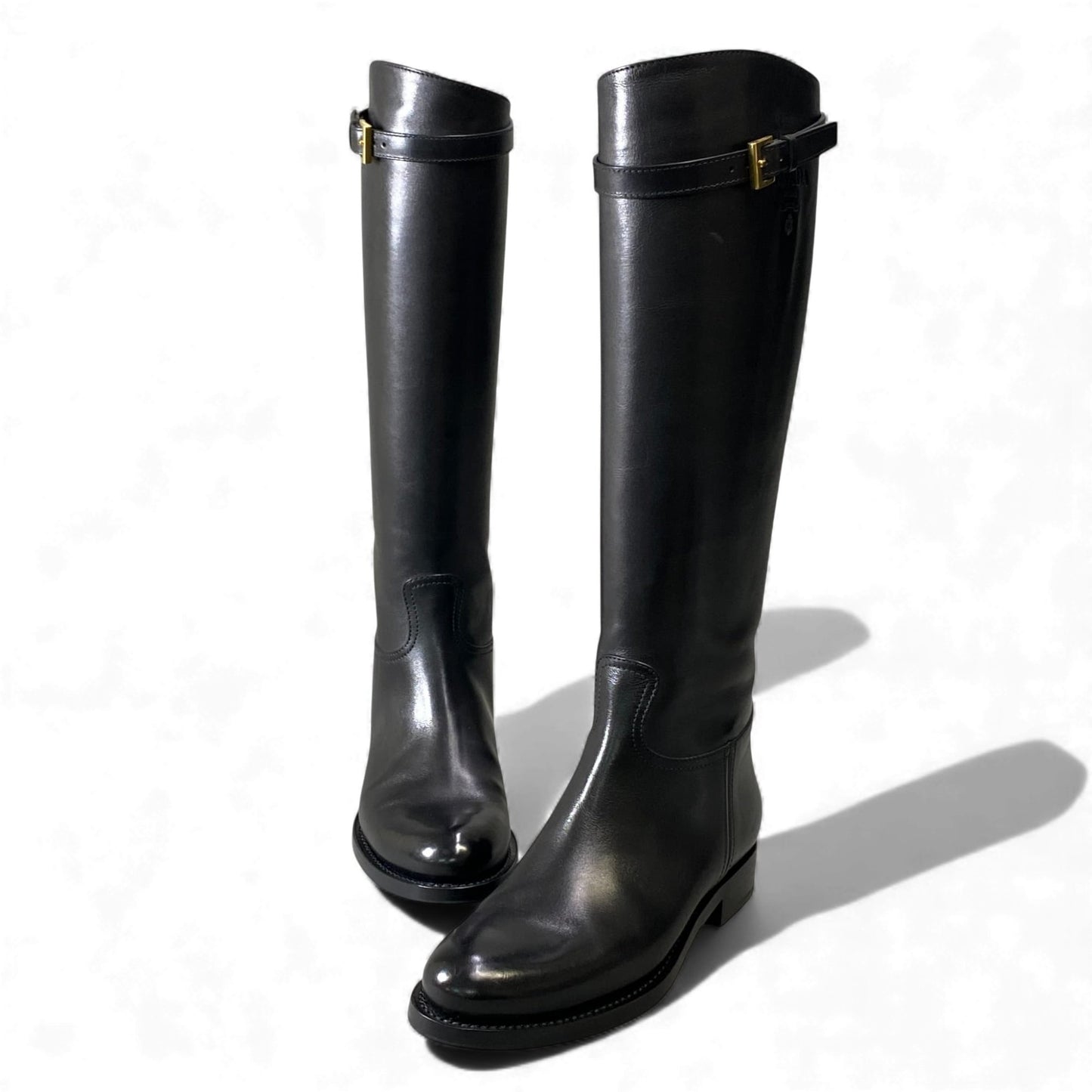 2L11 PRADA プラダ バックルストラップ付 型押しロゴ ロングブーツ サイズ38 ブラック レザー レディース 靴 ミドルブーツk02i