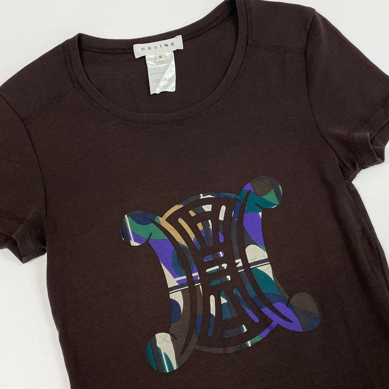 Ic27 CELINE セリーヌ ロゴプリントTシャツ 半袖Tシャツ ストレッチ素材 トップス Sサイズ ブラウン コットン100％ レディース 女性用u02t