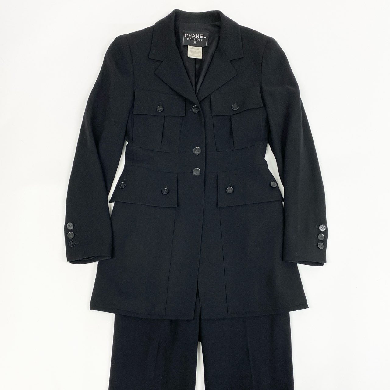 Ca15 CHANEL シャネル 1991年 P11193 スタイルアップ ジャケット パンツ セットアップサイズ36 ブラック レディースta1