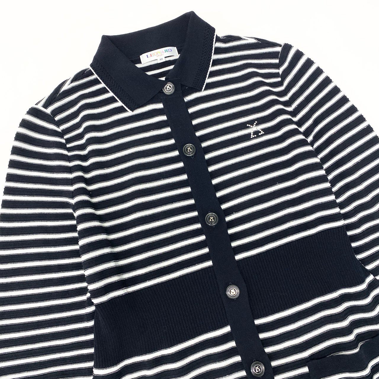 42b7 LEONARD レオナール ニットポロ ペプラム ボーダー ビジュー 40 ネイビー レディース 女性用u02t