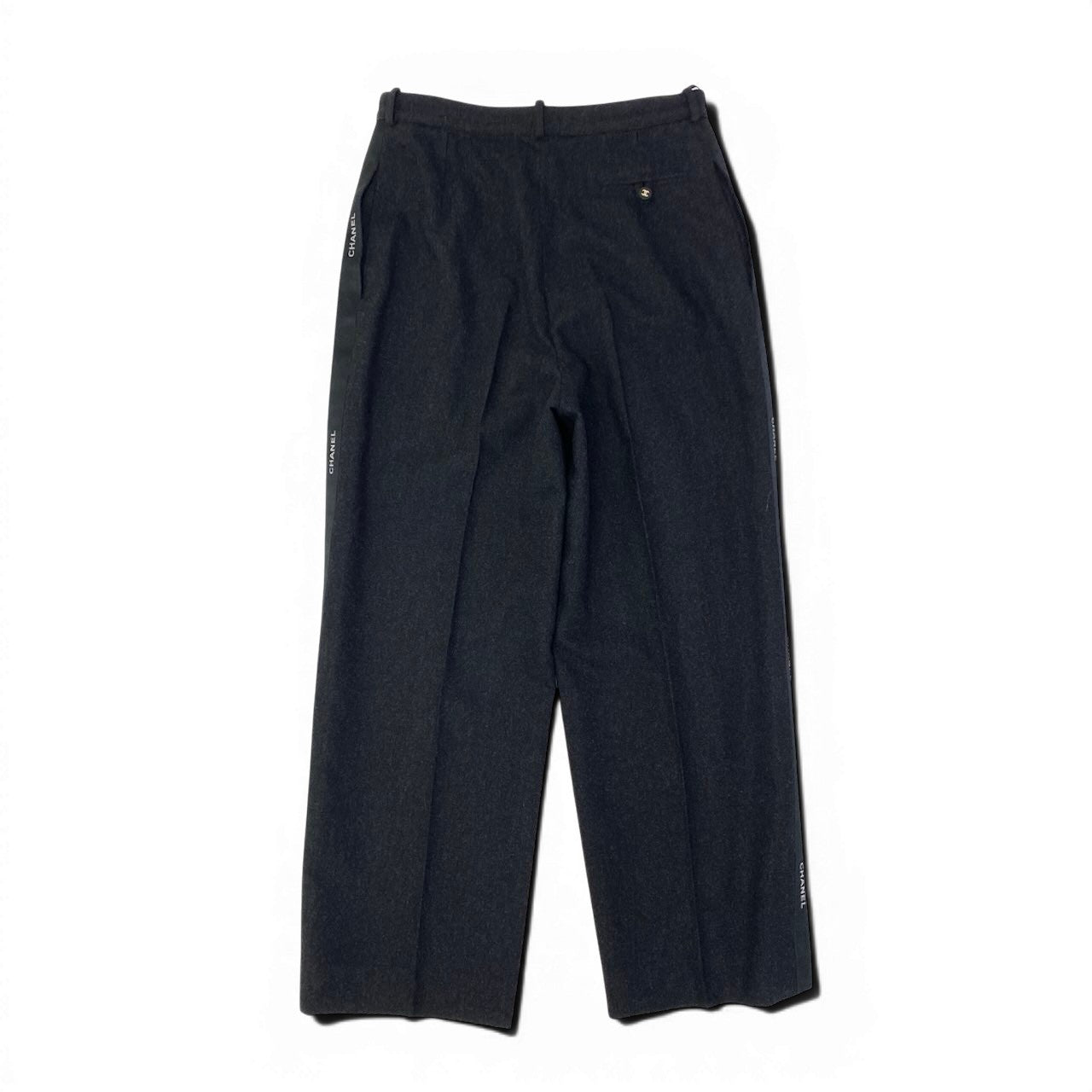 Cf9 【美品】CHANEL シャネル 1996年 サイドラインロゴ ワイドスラックス ウールパンツ ボトムス P05760 40サイズ ダークグレー ウール100％ レディース 女性用ta1ta1
