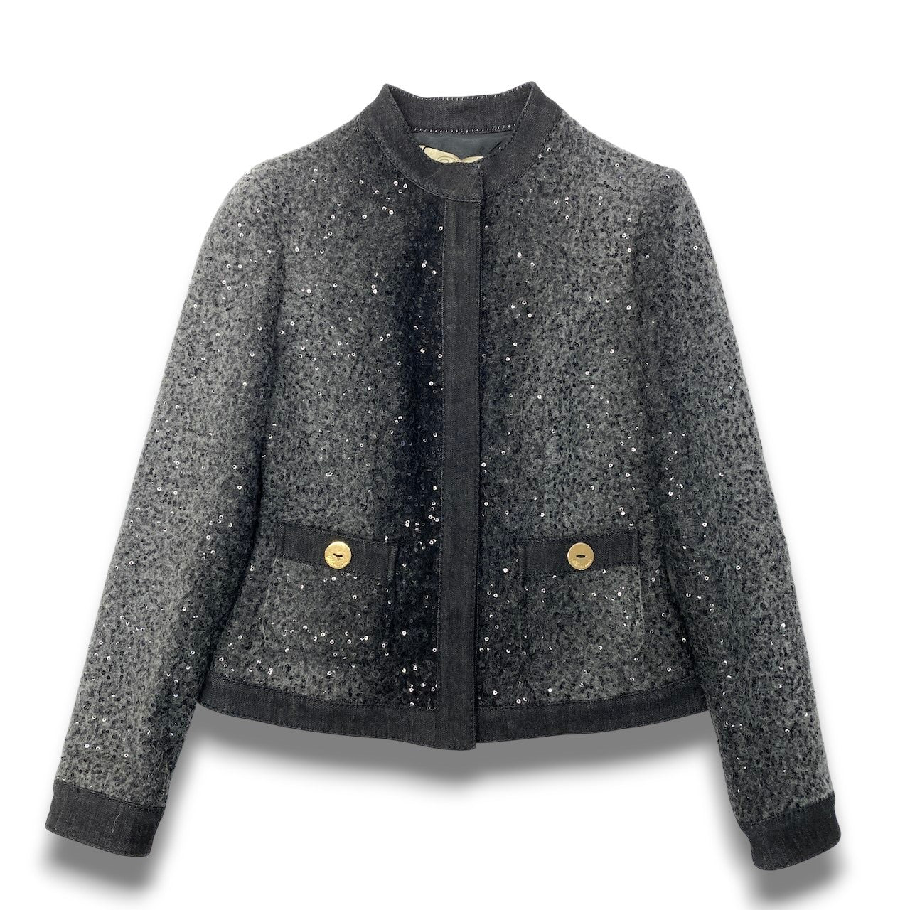 55c19 【新品保管品】 Blumarine ブルマリン ノーカラージャケット スパンコール 金ボタン タグ付 ウール レディース 女性用 227842619 38 グレー系u02t