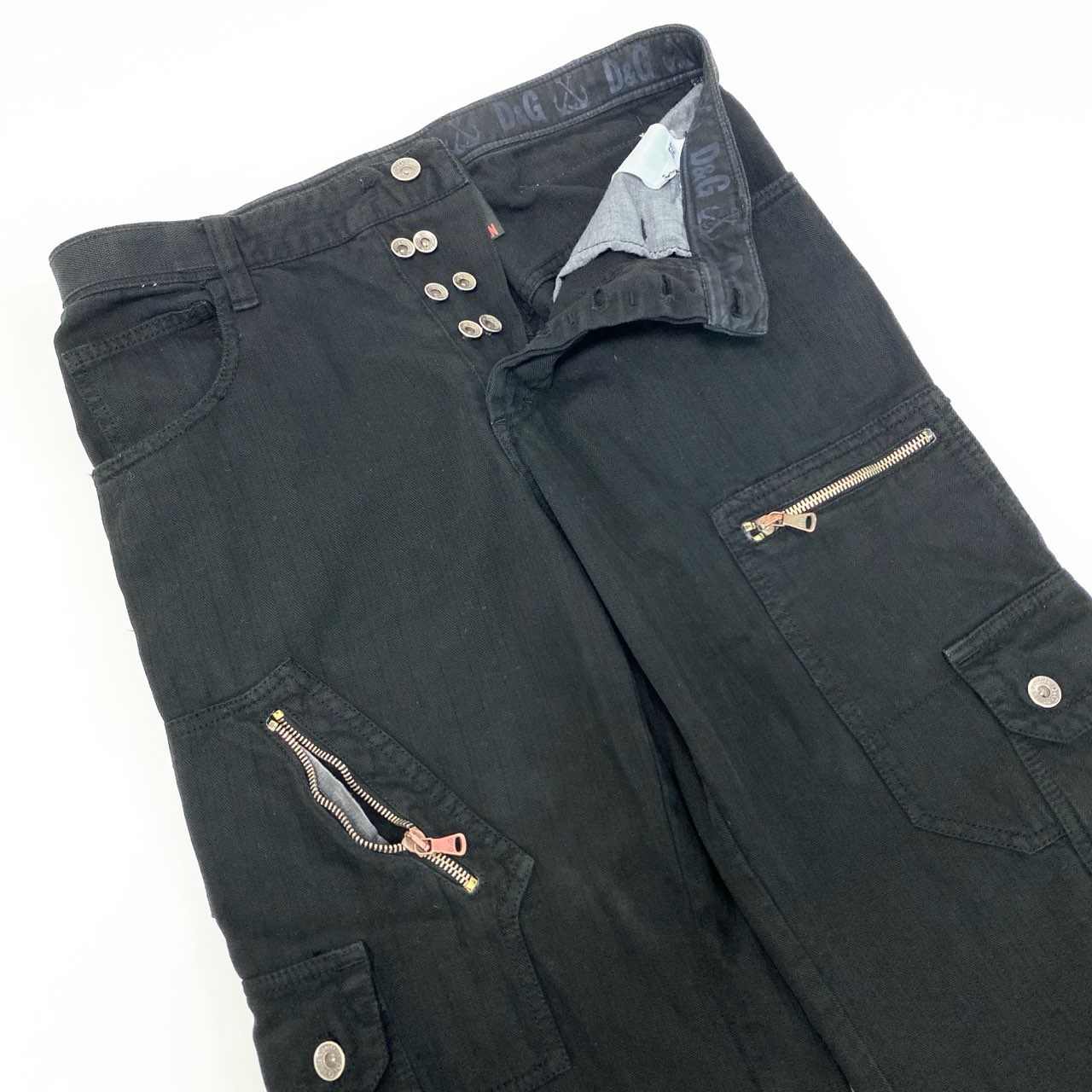 30K18 DOLCE&GABBANA ドルチェアンドガッバーナ マルチジップポケットパンツ カーゴパンツ  ボタンフライ ボトム 30/44サイズ ブラック メンズu02t