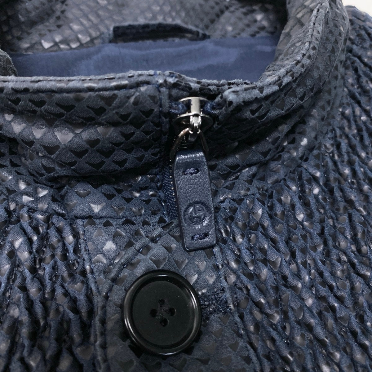 78j8 GIORGIO ARMANI ジョルジオアルマーニ 羊革 レザーギャザー ジップジャケット サイズ52 ブラック ラムレザーt18r