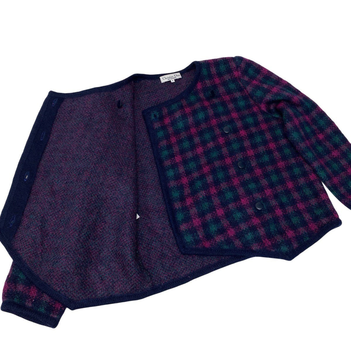 82h25 Christian Dior クリスチャンディオール ノーカラー ニットジャケット チェック柄 ウールブレンド M マルチカラー レディースo07t