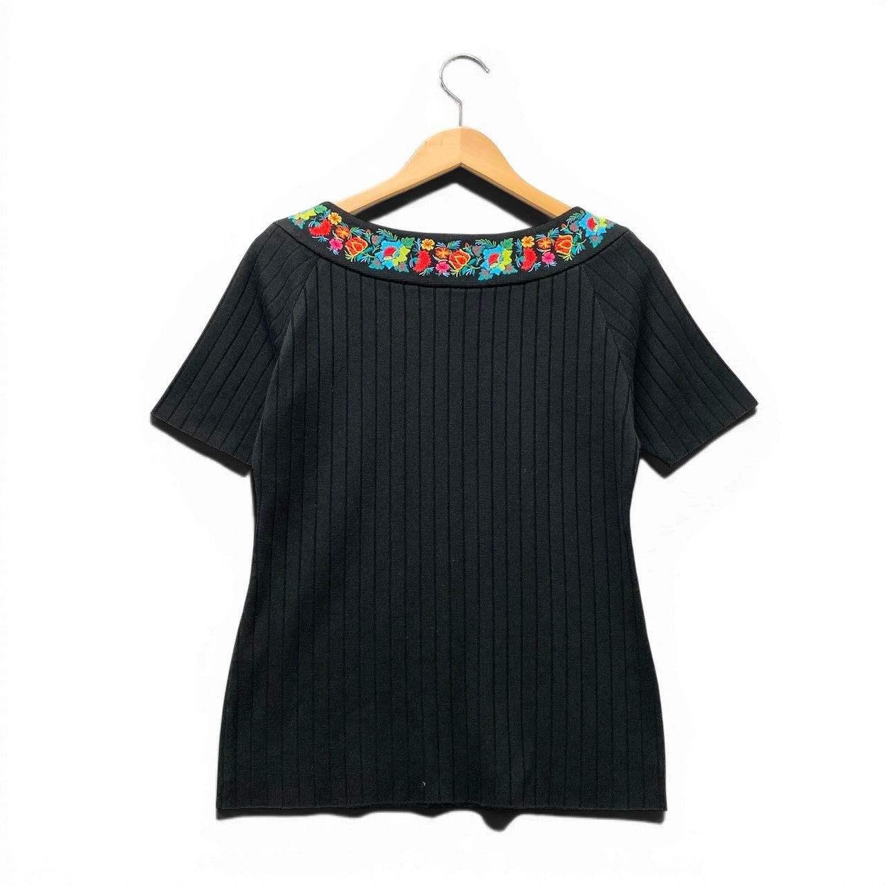 22f17 YVES SAINT LAURENT イヴサンローラン ボートネック リブニットセーター ショートスリーブ 花柄刺繡  サイズM ブラック レディース 女性服o07t