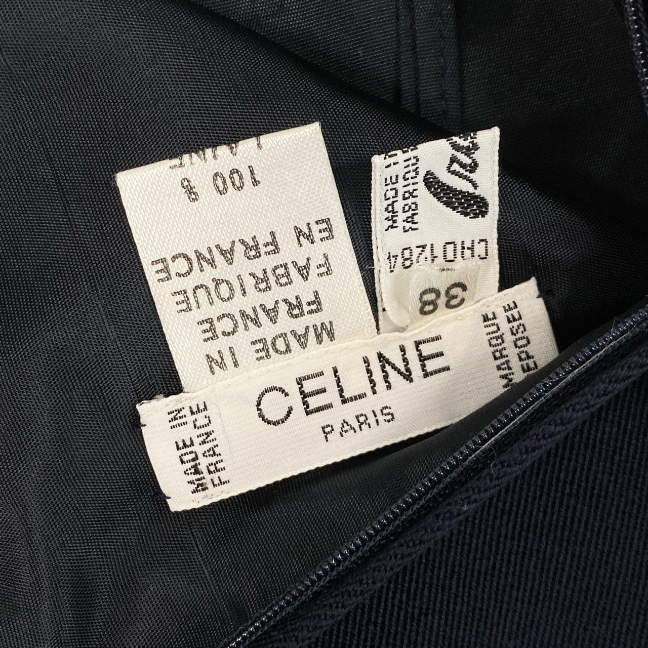 56l12 《美品》 フランス製 CELINE セリーヌ ヴィンテージ 膝下スカート ペンシルスカート ウールスカート ロゴ金ボタン サイズ38 ネイビー ウール100％ レディース