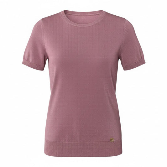 e10 GUCCI 半袖ニットセーター ラメニット GGロゴプレート インターロッキング イタリア製 XSサイズ ピンク レディース 女性用u02t