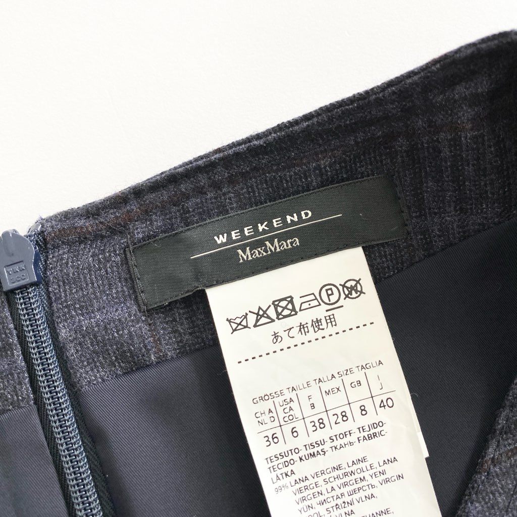 40h9 《美品》 WEEKEND Max Mara ウィークエンド マックスマーラ チェック柄 長袖ワンピース ドレス バックジップ ウエストベルト 40 グレー系 ウール