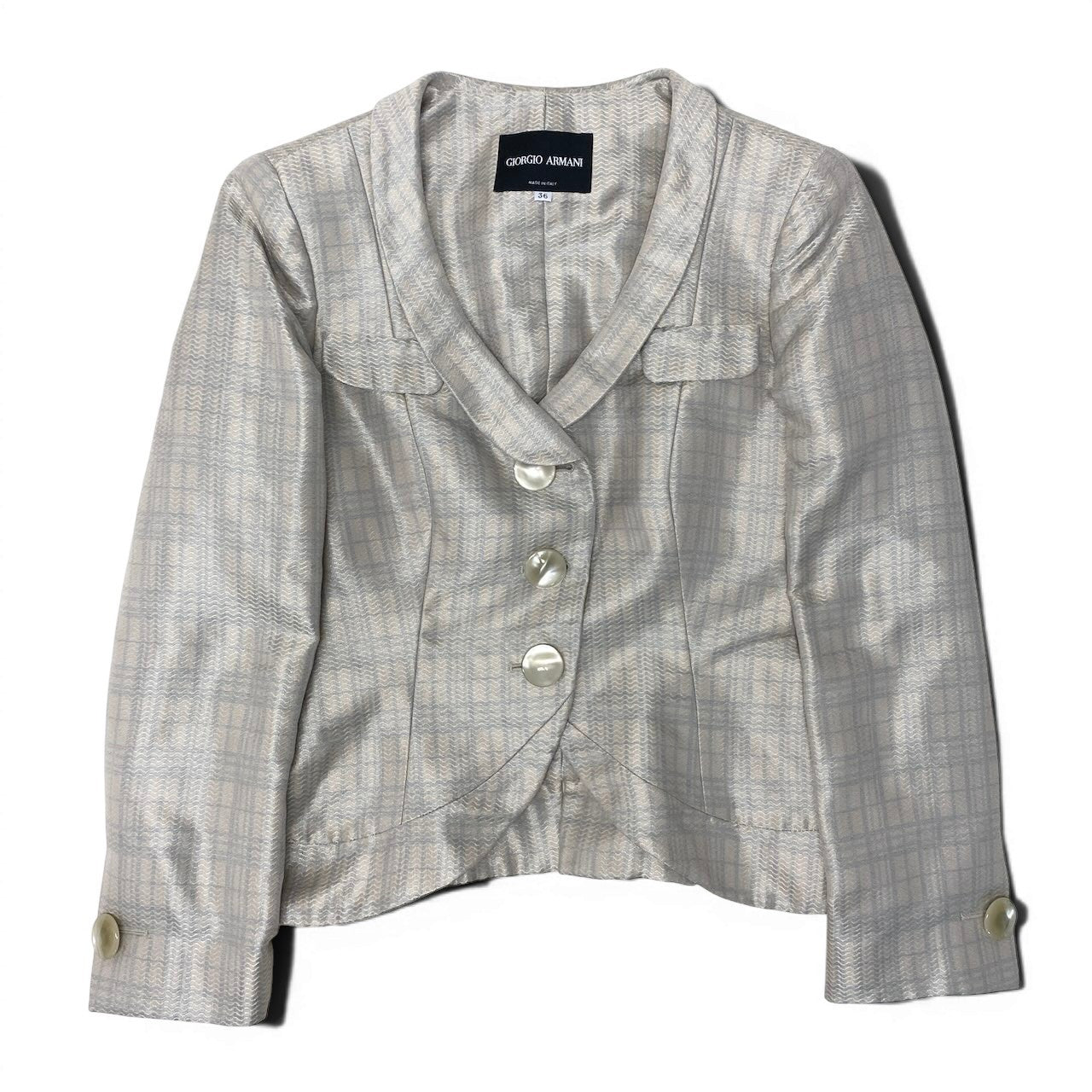 91g24 【美品】 GIORGIO ARMANI ジョルジオアルマーニ テーラードジャケット  BORGO21 チェック柄 丸襟 サイズ36 光沢ベージュ ライトグレー レディースu02t