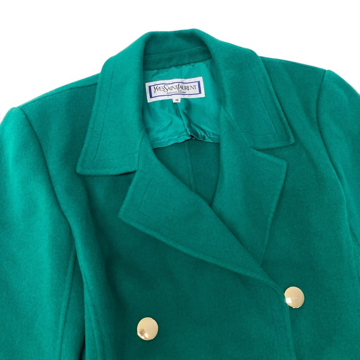 82i2 YVES SAINT LAURENT イヴサンローラン テーラードジャケット ダブルブレスト 金ボタン ウール混 サイズM グリーン レディースo07t
