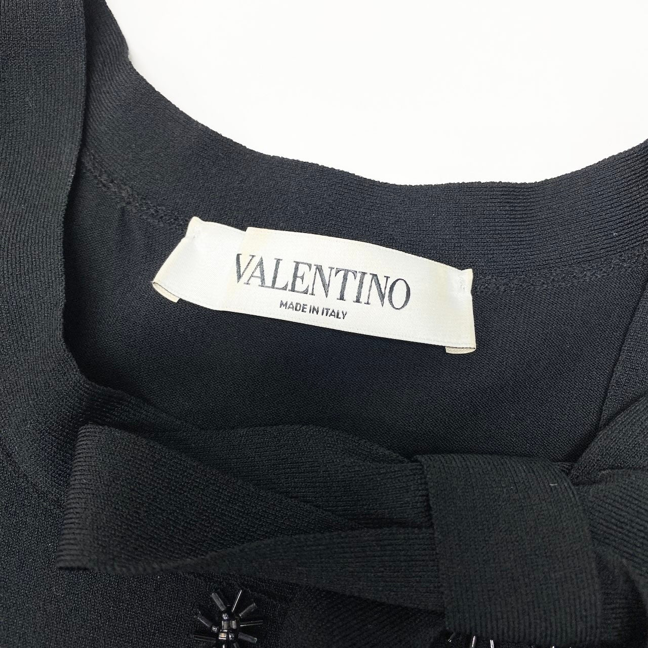 83c27 VALENTINO ヴァレンティノ ビジューリボンドレスワンピース ビーズ刺繍 ストレッチ 膝丈 NB3KD0193FG Sサイズ ブラック レディース 女性用u02t