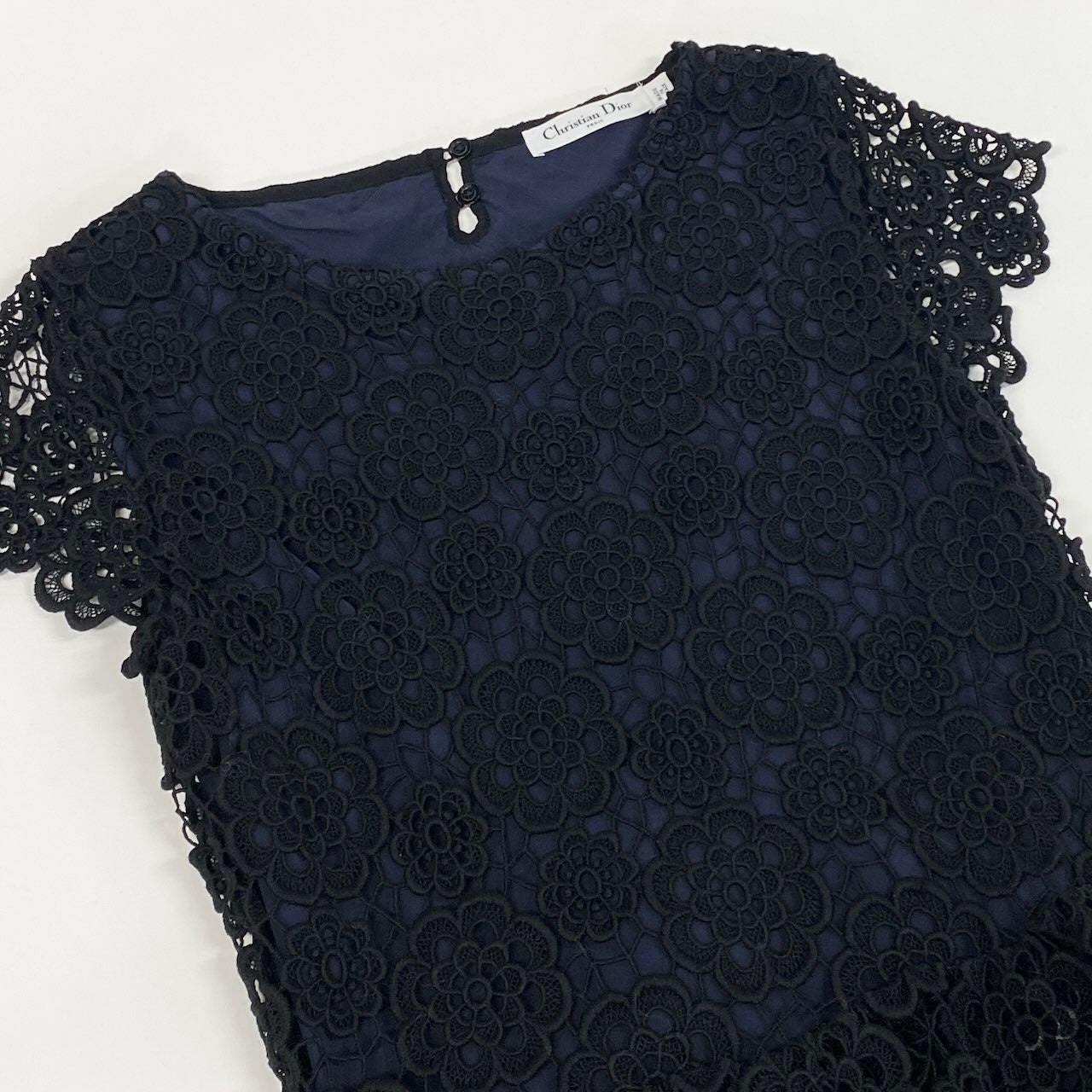 Ed23 Christian Dior クリスチャンディオール フラワーレース ドレスワンピース ティアードワンピース 5C24644AM528  イタリア製 サイズ44 ブラック ネイビー レディース 女性用k02i