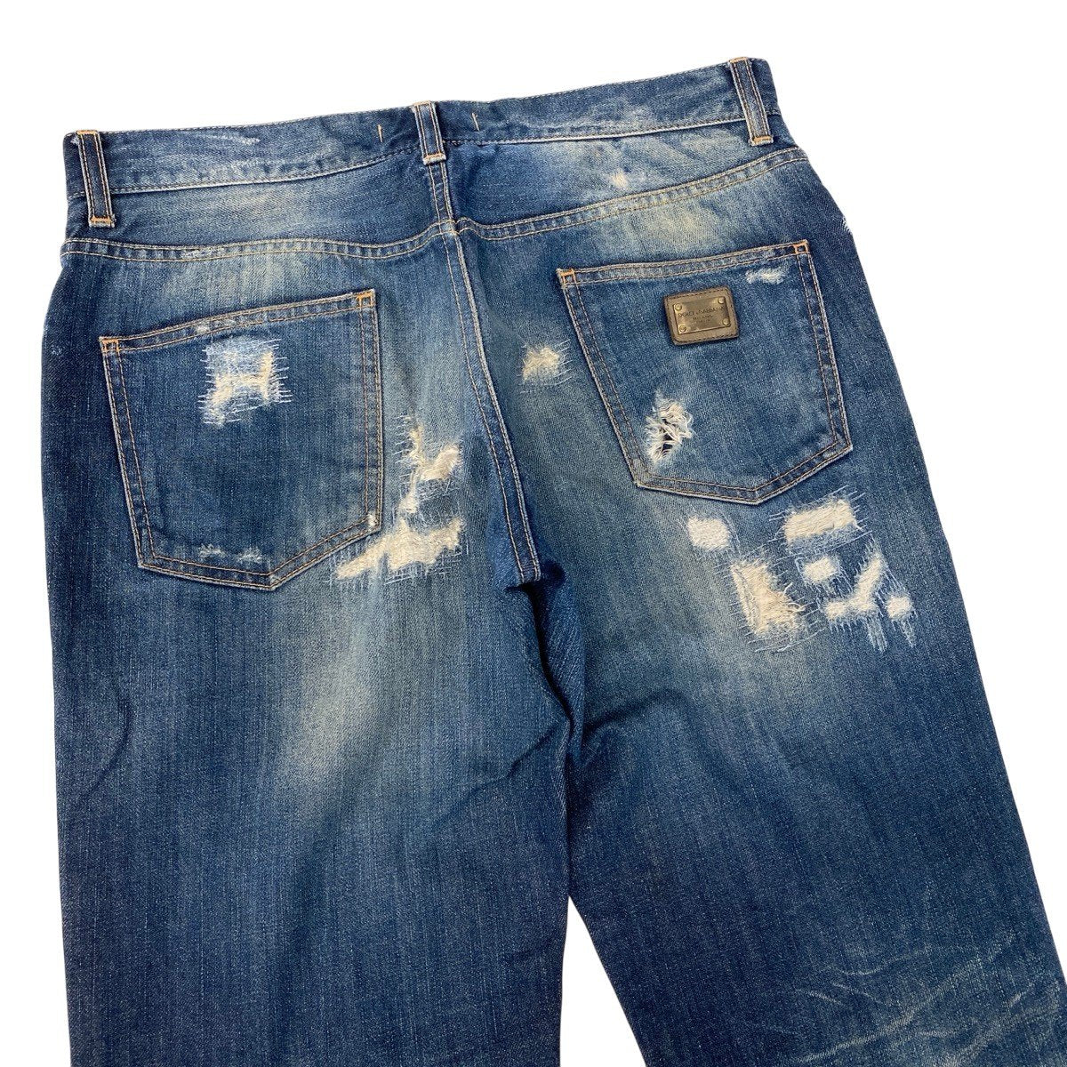 31h18 DOLCE＆GABBAN ドルチェアンドガッバーナ  デニムパンツ 14stretch ジーンズ イタリア製 ダメージ加工 ロゴプレート 48 インディゴブルー コットン100％ メンズ 男性用o07t