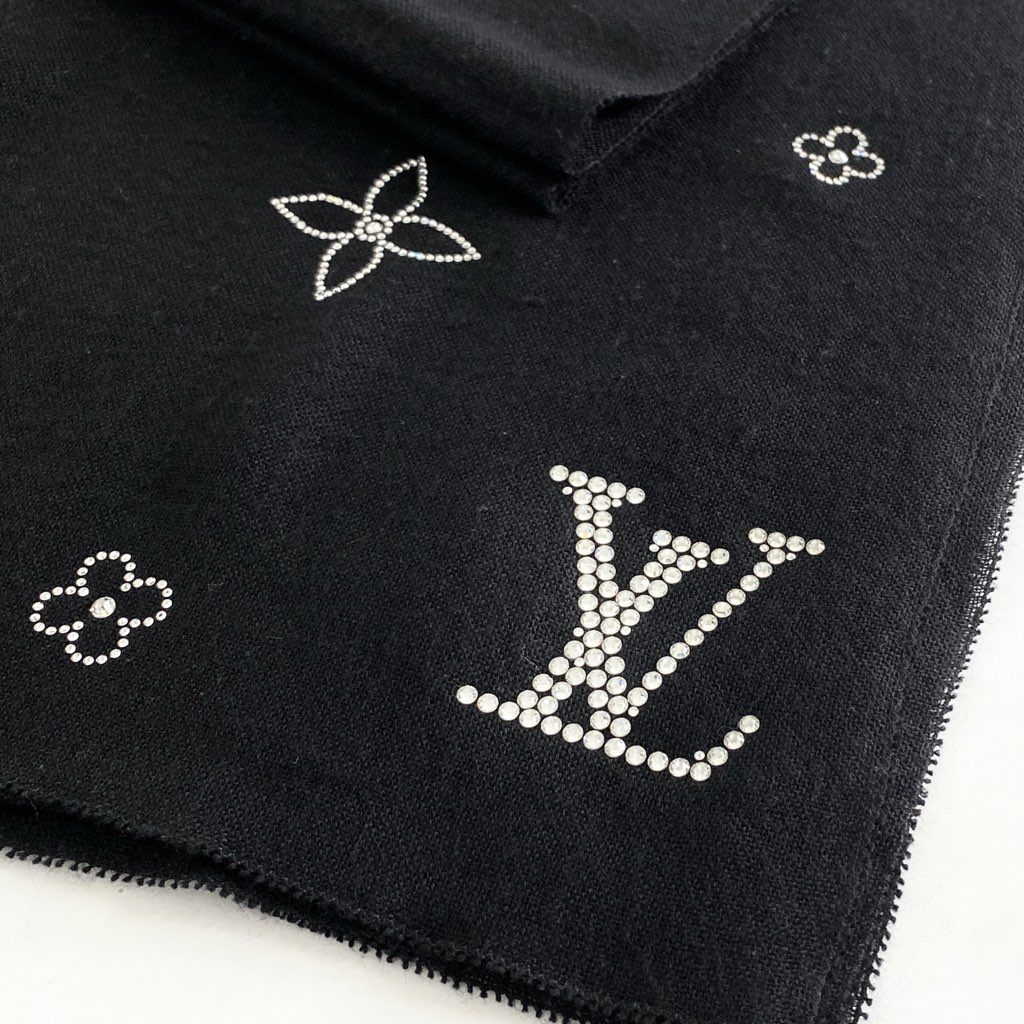 1f8 LOUIS VUITTON ルイヴィトン エトール モンテカルロ カシミヤ100％ ラインストーン マフラー ストール M74268 ブラック cashmere LV イタリア製 ショール