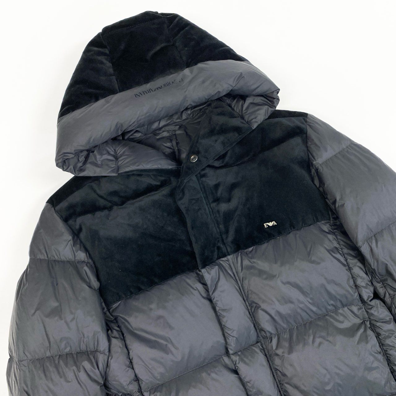 71a23 EMPORIO ARMANI エンポリオアルマーニ スーパーライト ダウンジャケット ベロア切替デザイン ダブルジップ サイズ48 ブラック メンズ 男性用 アウターk02i