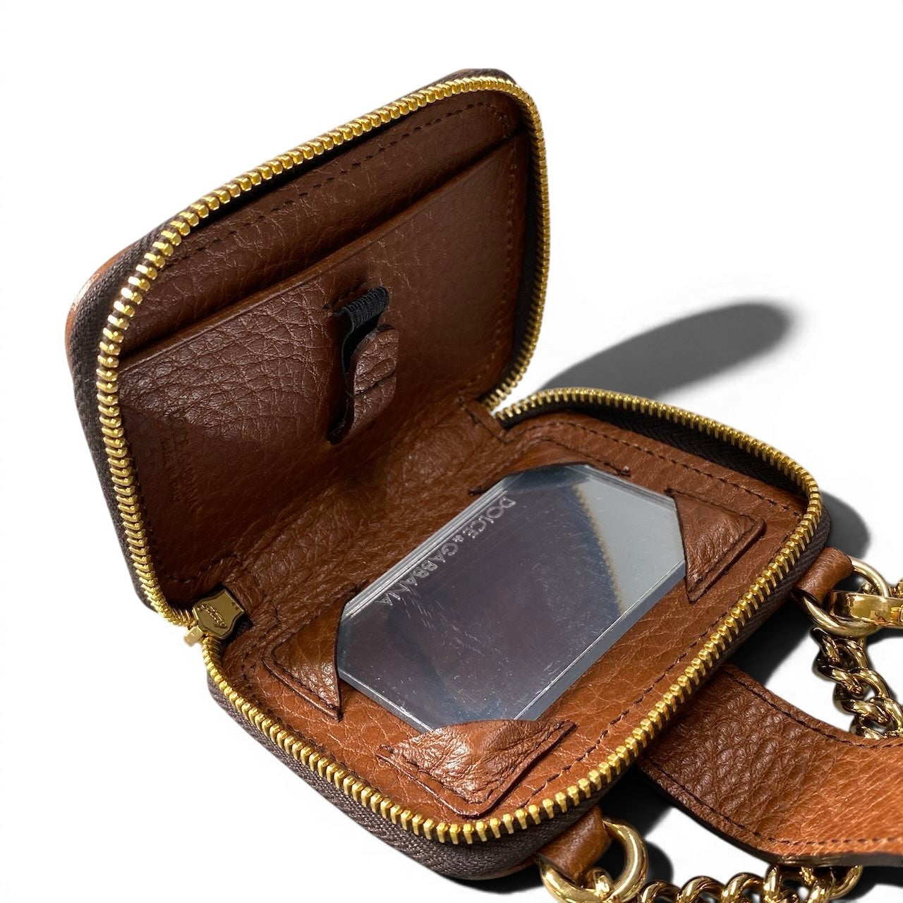 f10 【未使用タグ付】 DOLCE&GABBANA ドルチェアンドガッバーナ レオパード柄 ハラコチャーム 小物ケース ミラー付 ブラウン ベージュ ゴールド レディース 女性用