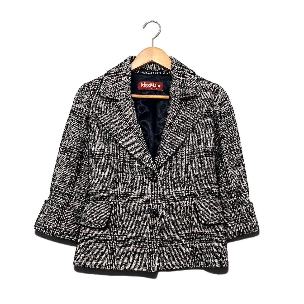 2h16 【美品】 Max Mara STUDIO マックスマーラ テーラードジャケット ショートコート アルパカ モヘア混 サイズ36 ブラック レディース 女性用u02t