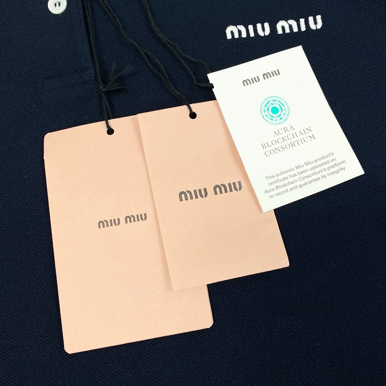 Ec16【未使用】MIU MIU ミュウミュウ 2025年 鹿の子 長袖ポロシャツ サイズL ネイビー メンズ ユニセックスk02i