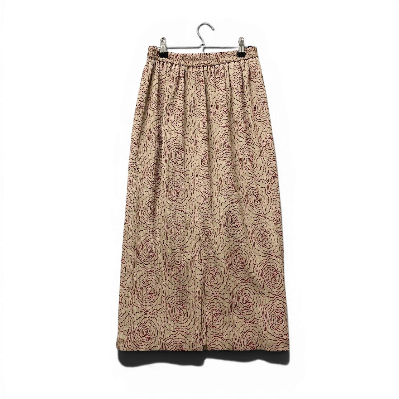 32e16【新品保管品】詩仙堂 シセンドウ ロングスカート ちりめん素材 総柄 日本製 ベージュ レッド ポリエステル100％ レディース 女性用u02t