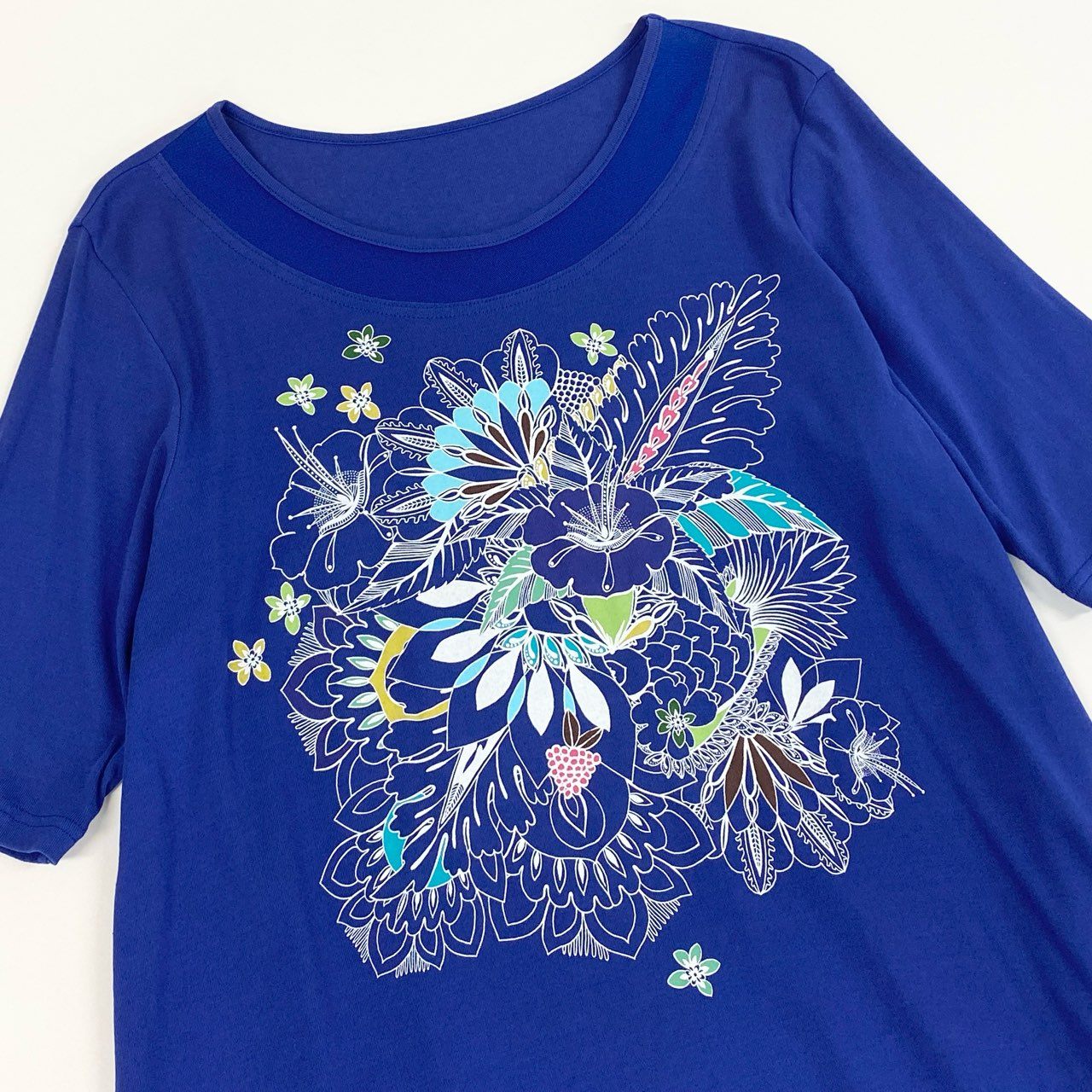 68b27 TOKUKO 1er VOL トクコプルミエヴォル チュニックワンピース 半袖 花柄プリント メッシュ切替 レディース 女性服 サイズ9 ブルー コットン100％u02t