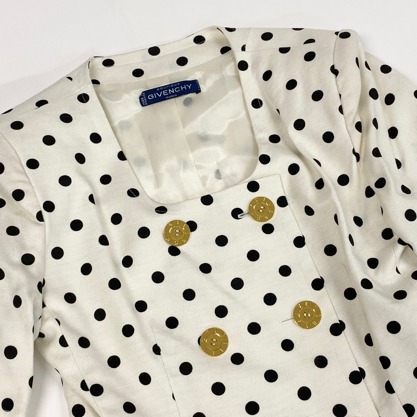 48d16 GIVENCHY ジバンシー Vintage 半袖ジャケット 金ボタン ポルカドット柄 フランス製 ホワイト ブラック レディース 女性用u02t
