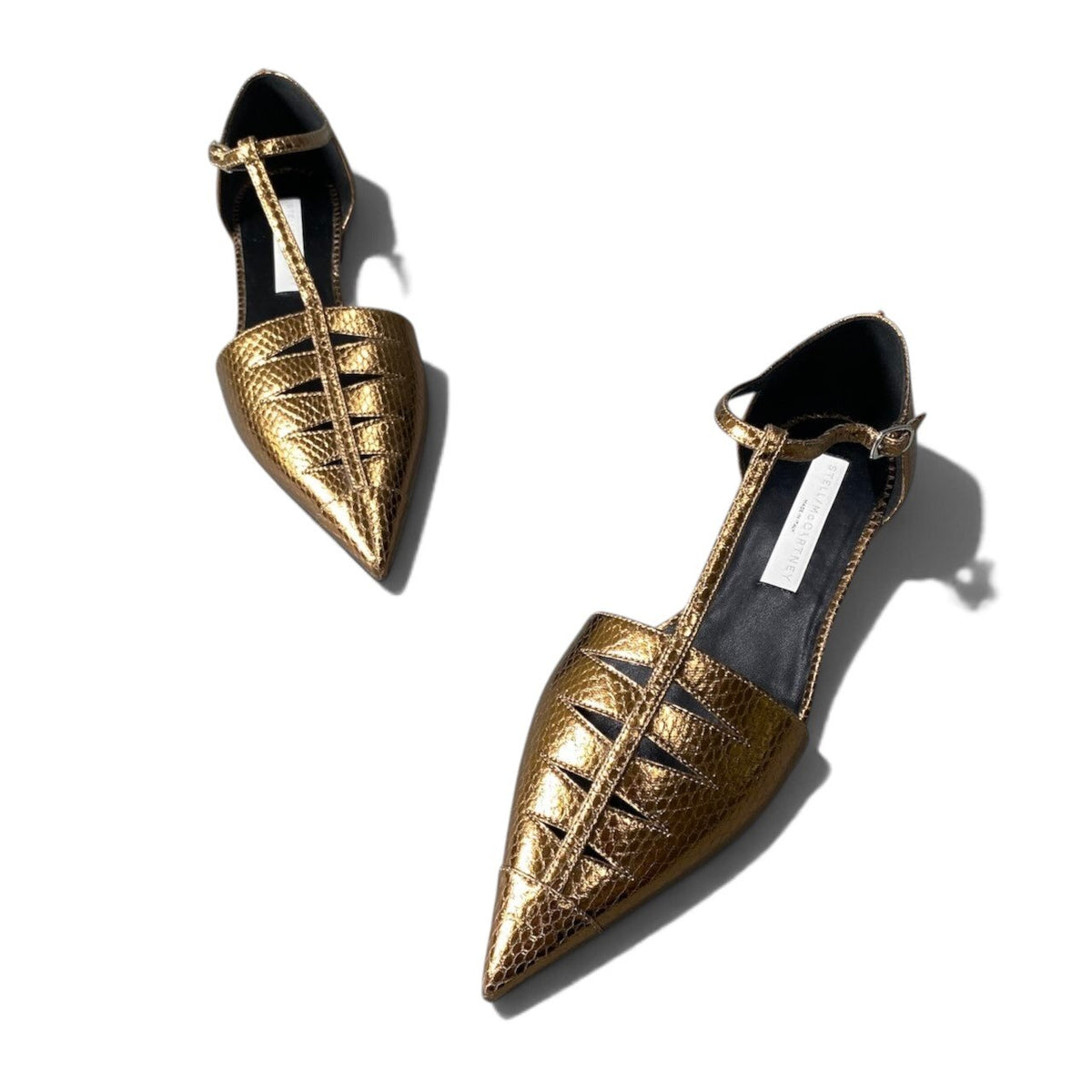 h13【美品】STELLAMcCARTNEY パイソン型押し Tストラップフラットシューズ 38サイズ ゴールド レザー レディース 女性用k02i