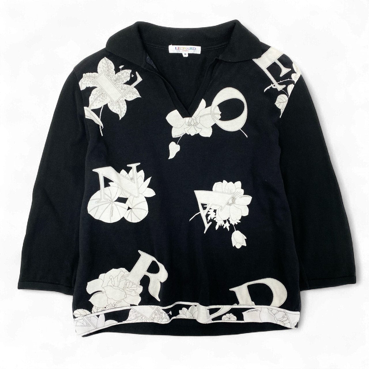 79k21 LEONARD SPORT レオナールスポーツ Vネック ニットセーター コットンニット 7分袖 花柄 レディース 女性用 M ブラック 綿100％u02t