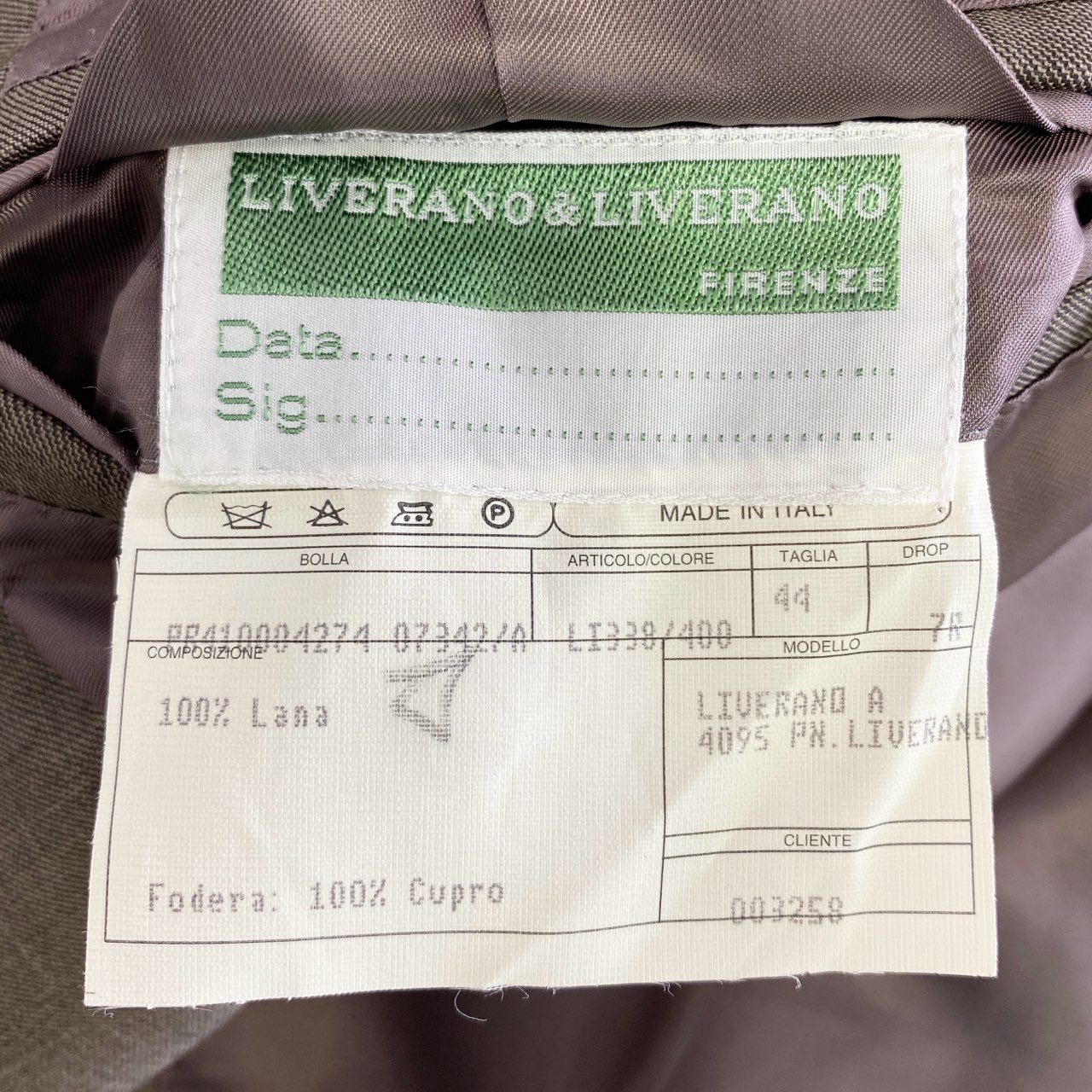 39k13 LIVERANO＆LIVERANO リベラーノアンドリベラーノ シングルスーツ セットアップ テーラードジャケット/スラックスパンツ サイズ44 カーキ系 ウール100％ メンズ イタリア製