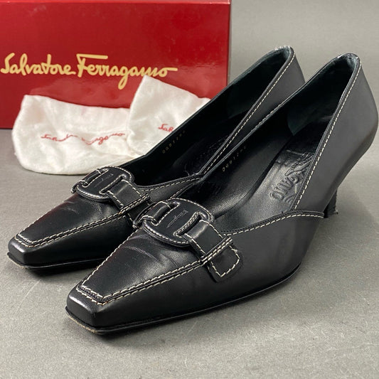 6f13 Salvatore Ferragamo サルヴァトーレフェラガモ LOUISIANA レザーパンプス サイズ8 1/2D ブラック レザー レディース