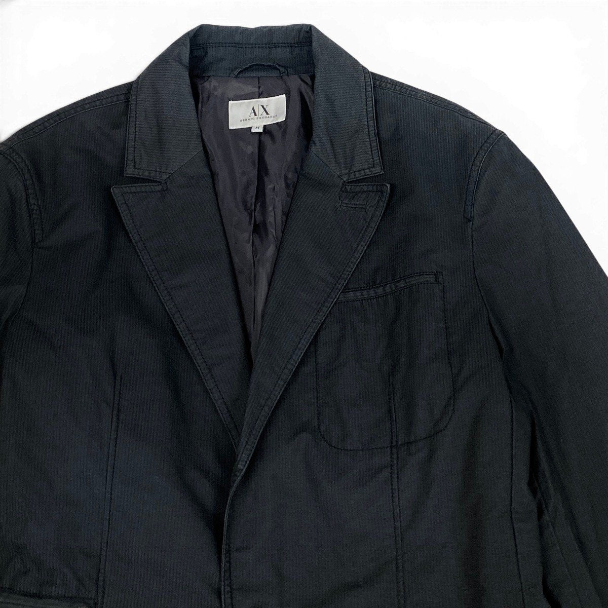 7f4 ARMANI EXCHANGE アルマーニエクスチェンジ セットアップスーツ シングル 中綿 ストライプ柄 サイズM/28REG ネイビー メンズ 紳士服o07t