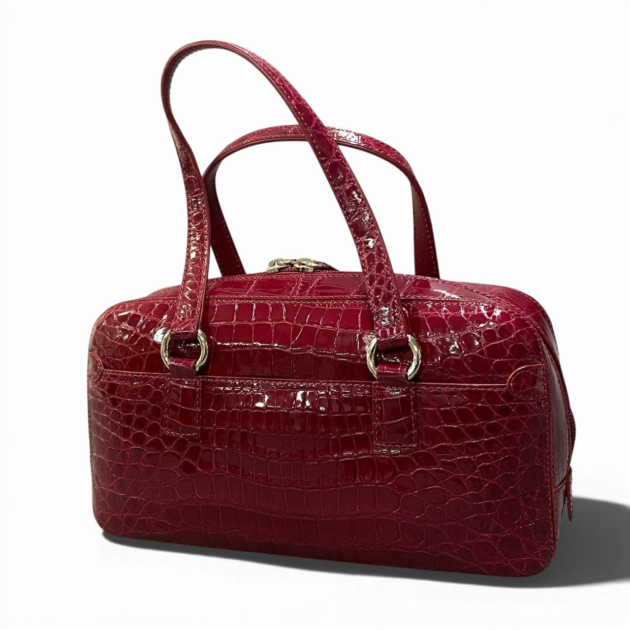 E22《JRA認定》 シャイニングクロコ ハンドバッグ センター取り レッド 本革 クロコダイル Crocodile Bagt18r