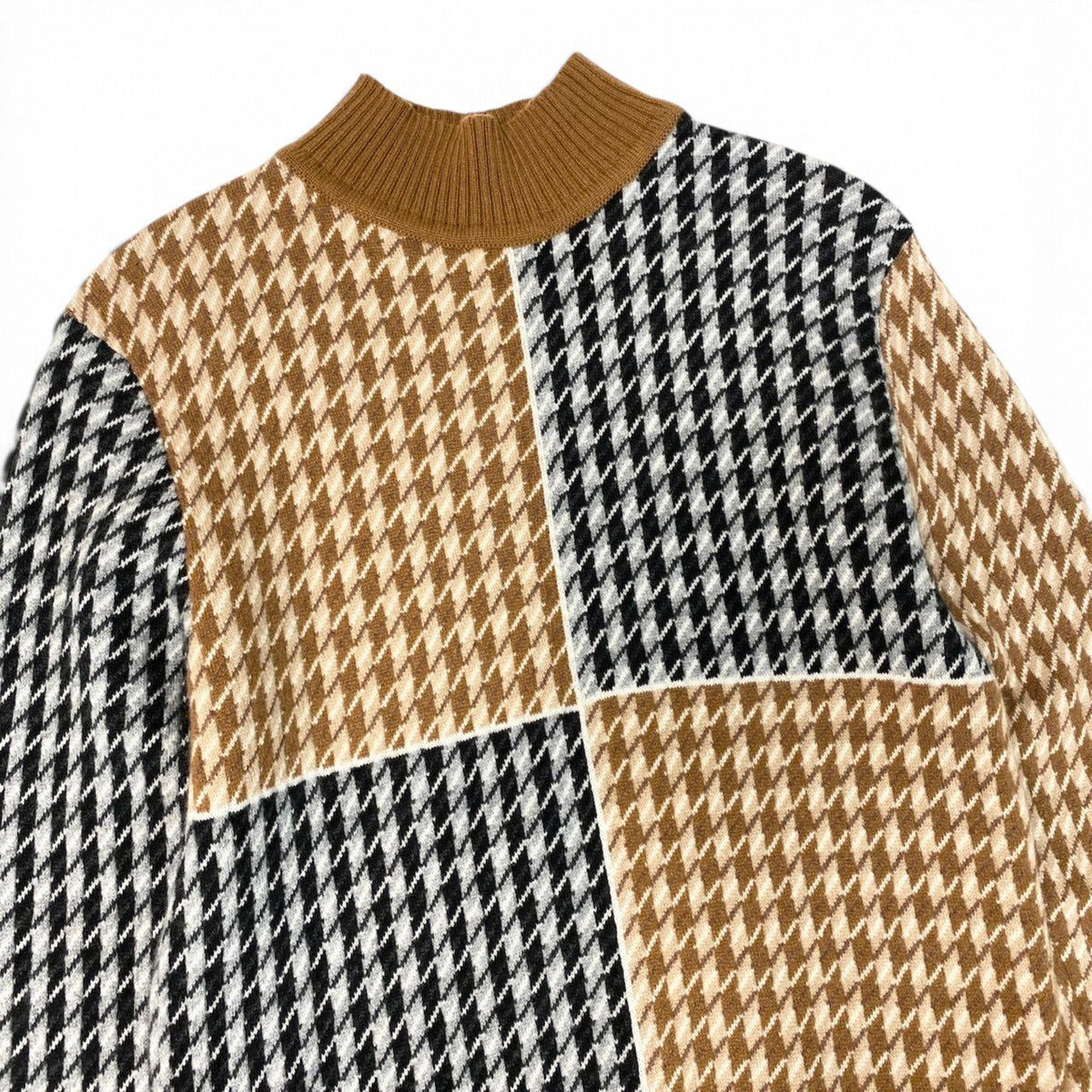 90j27 【美品】HERMES カシミヤロングスリーブニットセーター ボトルネック 千鳥格子 トップス 36サイズ ベージュ ブラック カシミヤ100％ メンズ 男性用u02t