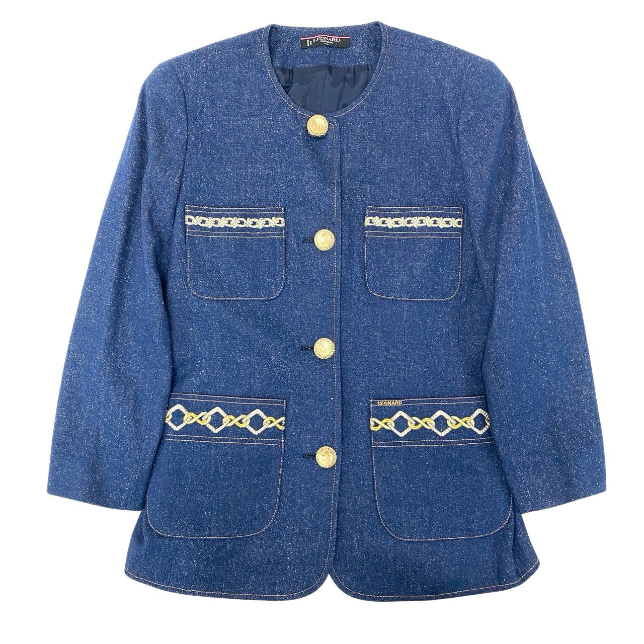 15Ⅼ1【美品】LEONARD レオナール ノーカラージャケット デニムジャケット 刺繍 金ボタン 11ARサイズ インディゴ レディースo07t