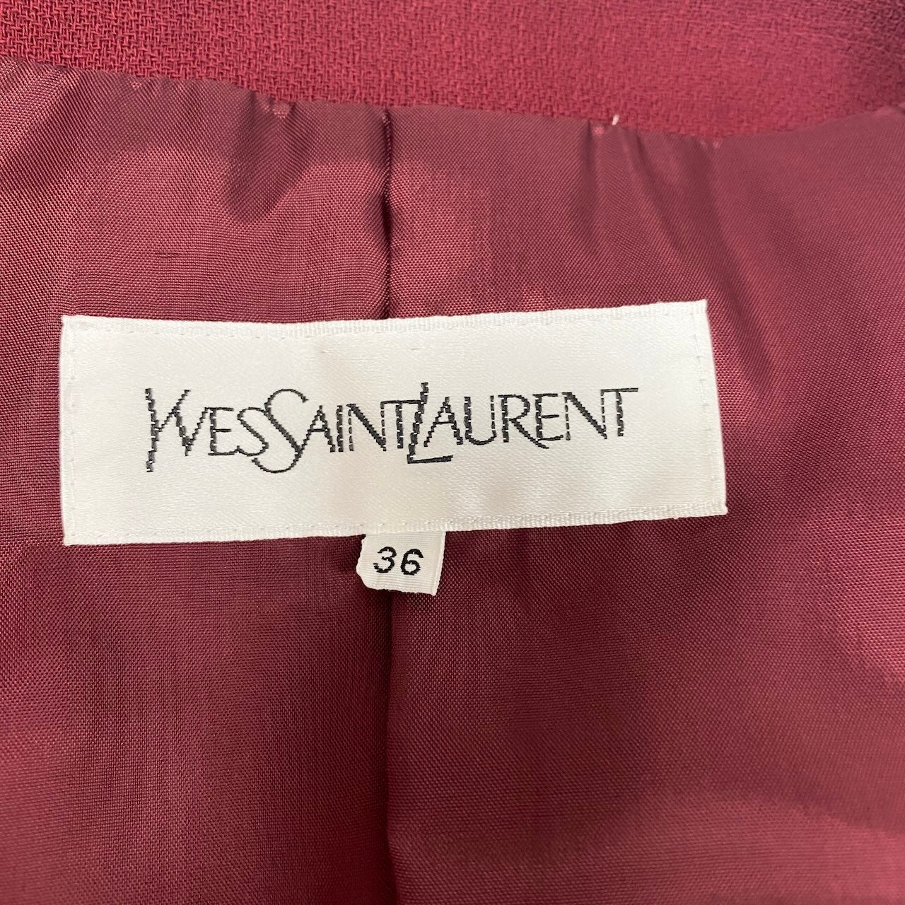 3g2 YVES SAINT LAURENT イヴサンローラン ノーカラージャケット ウールジャケット 編み込みトリム サイズ36 ワインレッド レディース 女性用u02t
