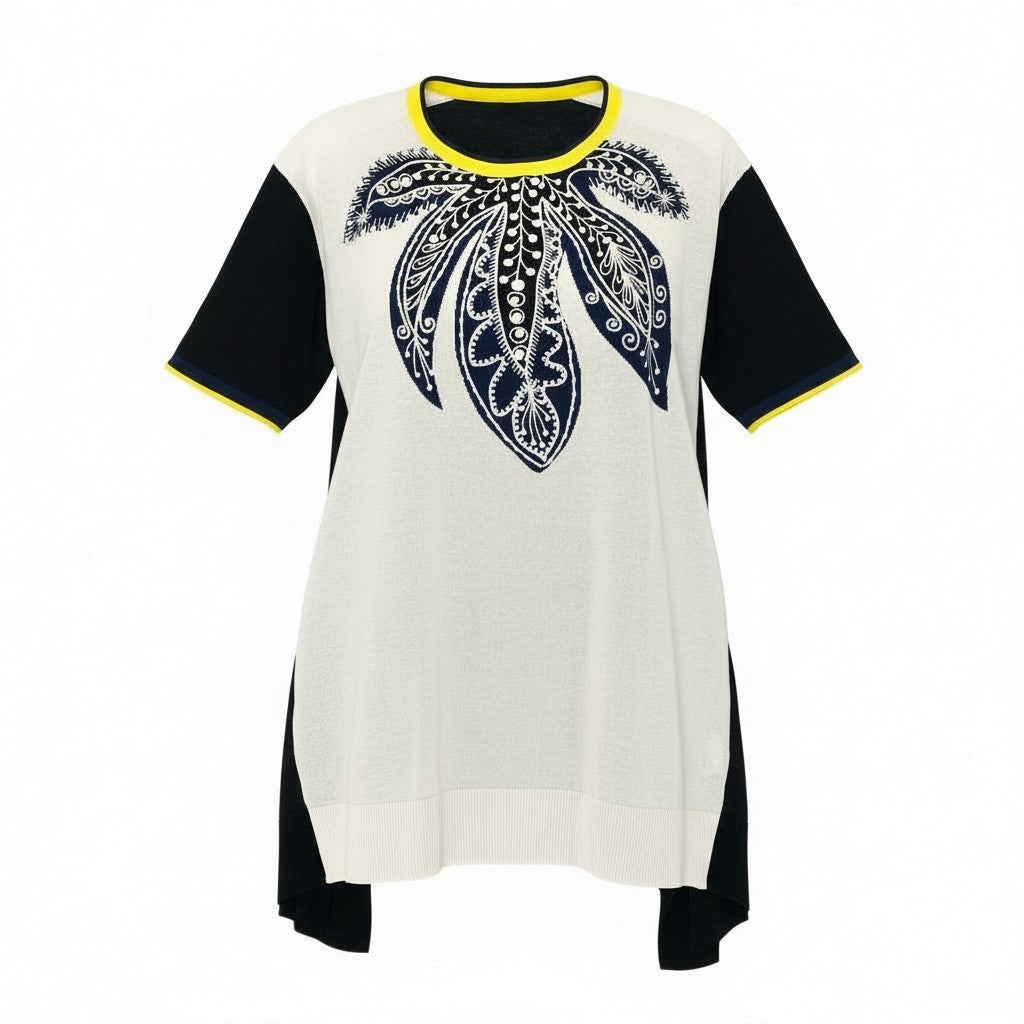 63a12 TOKUKO 1er VOL トクコプルミエヴォル 7分袖 チュニックワンピース コットンニット 刺繡 レディース 女性用 9 ブラック ホワイト イエロー 綿100％u02t