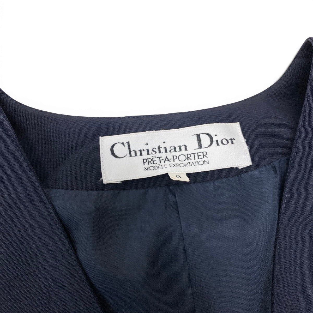 77g14 Christian Dior クリスチャンディオール セットアップ スカートスーツ ノーカラージャケット タイトスカート サイズ9 ネイビー レディースu02t