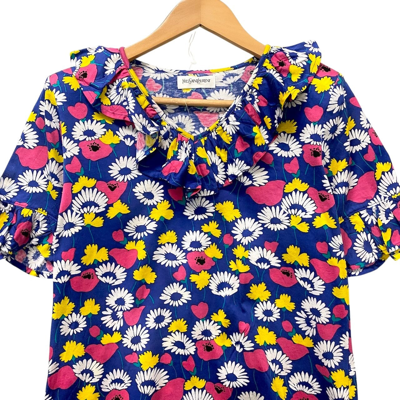 58g7 YVES SAINT LAURENT イヴサンローラン フラワープリント Tシャツ 半袖カットソー フリルネック サイズM ブルー コットン100％ レディースo07t