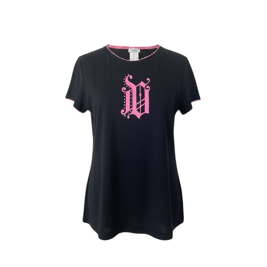 e10 VERSACE 半袖Tシャツ ゴシックロゴ ラインストーン レース Mサイズ ブラック ピンク レディース 女性用k02i