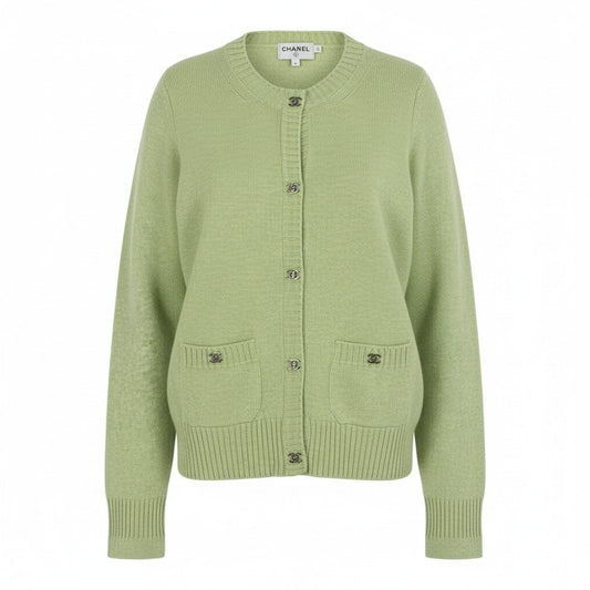 Cc2 CHANEL シャネル P39176 2010年 ココマーク ターンロック ニットカーディガン カシミヤニット サイズ38 グリーン系 レディース トップスk02i