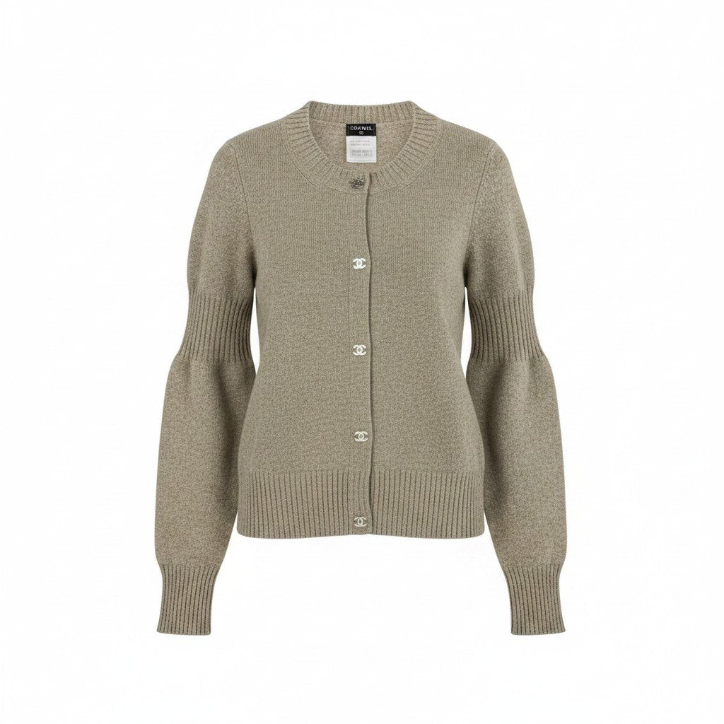 Cf29 【美品】 CHANEL シャネル 2013年 ターンロック ココマーク カシミヤ ニットカーディガン P46816 サイズ38 グレー ベージュ カシミア100％ レディースta1