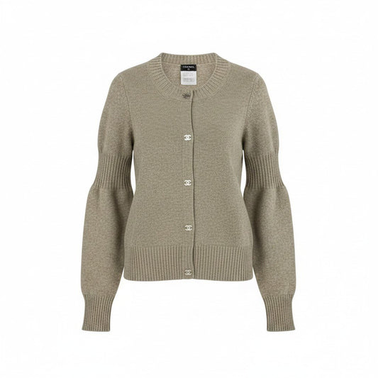 Cf29 【美品】 CHANEL シャネル 2013年 ターンロック ココマーク カシミヤ ニットカーディガン P46816 サイズ38 グレー ベージュ カシミア100％ レディースta1